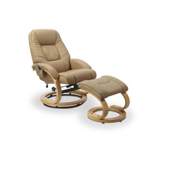 RelaxFauteuil Matador Beige/Bruin Leer Incl. Massage en Heating functies met Voetenbank Draaibaar en Verstelbaar