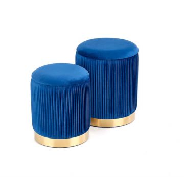 Poef Monty 2-delige set Marine Blauw Fluweel Rond met Opbergruimte en Gouden voet