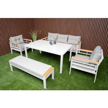 Diningset Blakes 7-Persoons Stoel/Bank Tuinset Wit Aluminium/Hout - 06260W PRE-ORDER